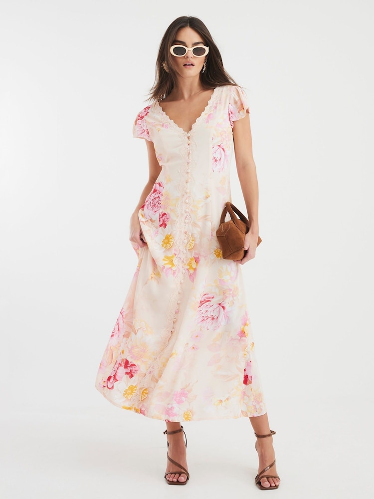River Island Pink Angel Sleeve Floral Print Midi Dress - Image 1 of 4 River Island Pink Angel Sleeve Floral Print Midi Dress - Image 1 of 4