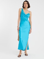River Island Blue One Shoulder Cowl Neck Maxi Slip Dress - Image 1 of 4
