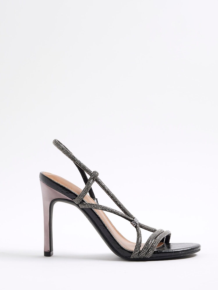 River Island Black Diamante Strappy Heel Sandals - Image 1 of 5