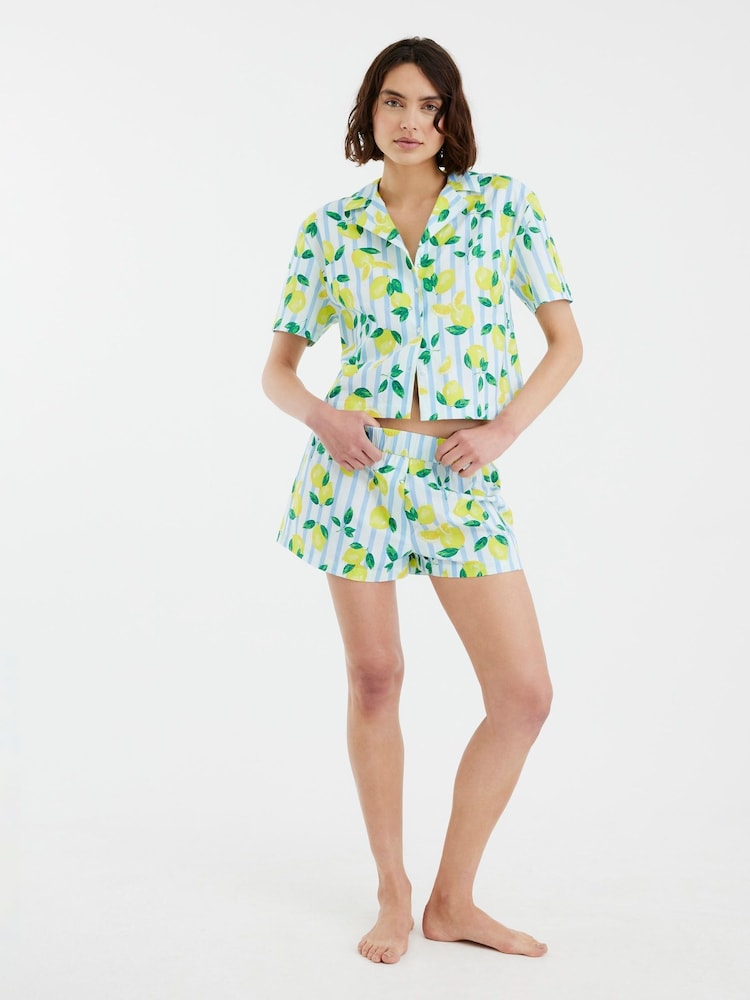 River Island White Lemon Stripe Shirt and Shorts Set - Image 1 of 4