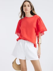 River Island Red Broderie Sleeve T-Shirt - Image 1 of 4