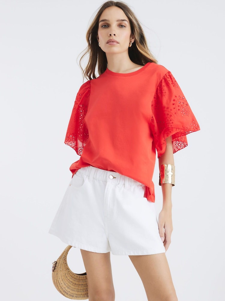 River Island Red Broderie Sleeve T-Shirt - Image 1 of 4