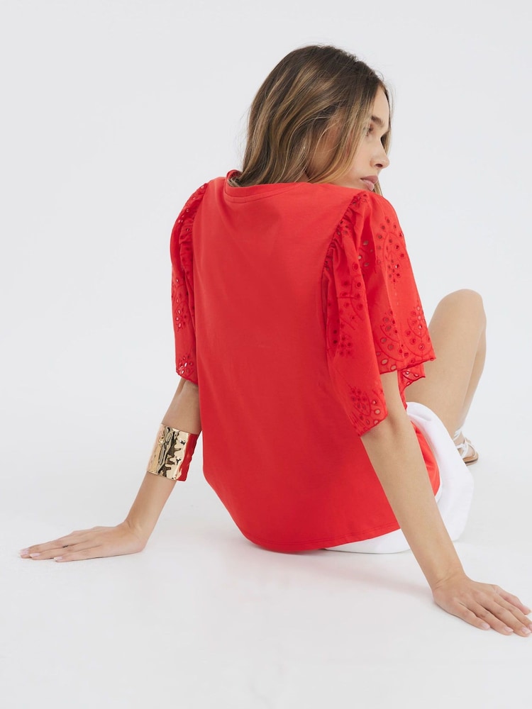 River Island Red Broderie Sleeve T-Shirt - Image 2 of 4