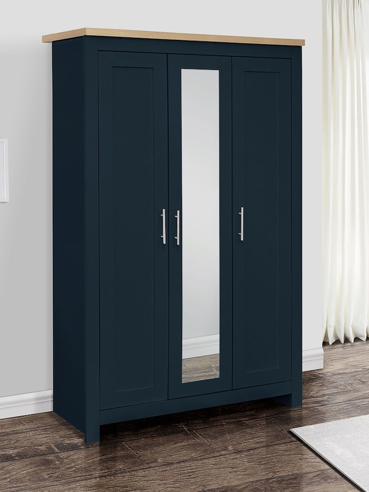 Birlea Navy Blue Oak Highgate 3 Door Mirrored Effect Wardrobe - Image 1 of 3