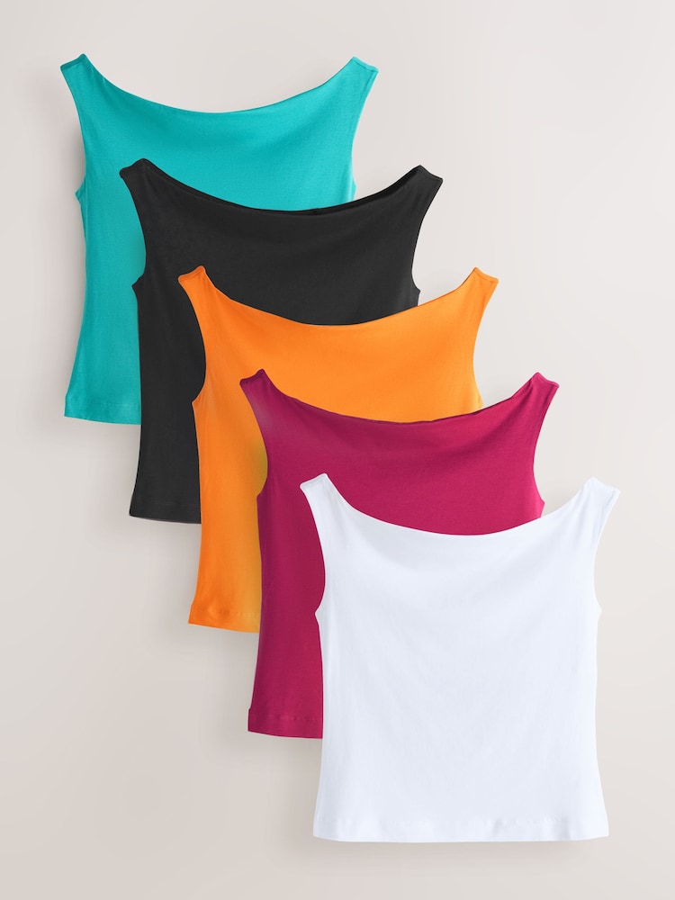 Teal/White/Black/Purple/Orange Square Neck Vests 5 Pack - Image 1 of 13 Teal/White/Black/Purple/Orange Square Neck Vests 5 Pack - Image 1 of 13
