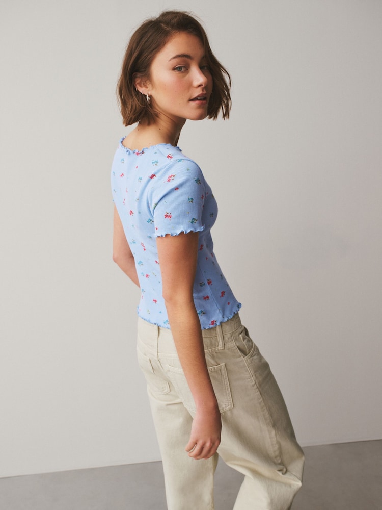 Blue Floral Pointelle Short Sleeve T-Shirt - Image 2 of 7
