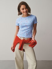 Blue Floral Pointelle Short Sleeve T-Shirt - Image 3 of 7