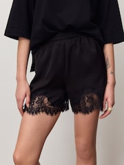 黑色 - Satin Shorts With Lace Trim - 圖片 2，共 7