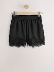 黑色 - Satin Shorts With Lace Trim - 圖片 5，共 7