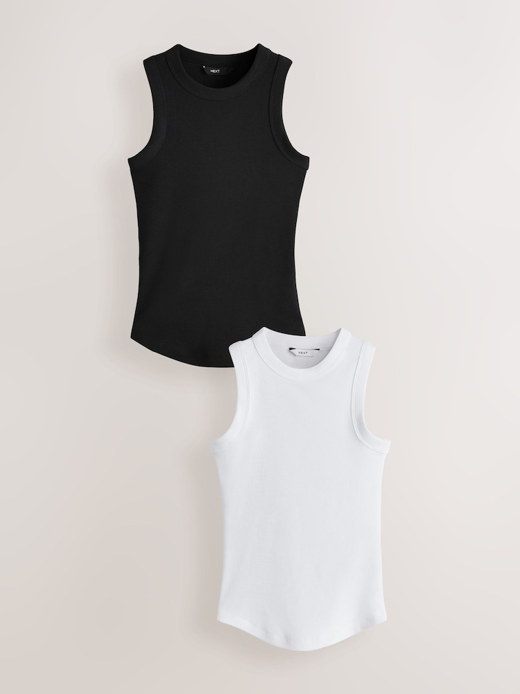 Black/White Ribbed Racer Tank Vest Sleeveless Top - Image 1 of 11