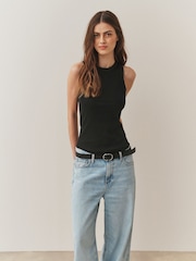 Black/White Ribbed Racer Tank Vest Sleeveless Top - Image 11 of 11