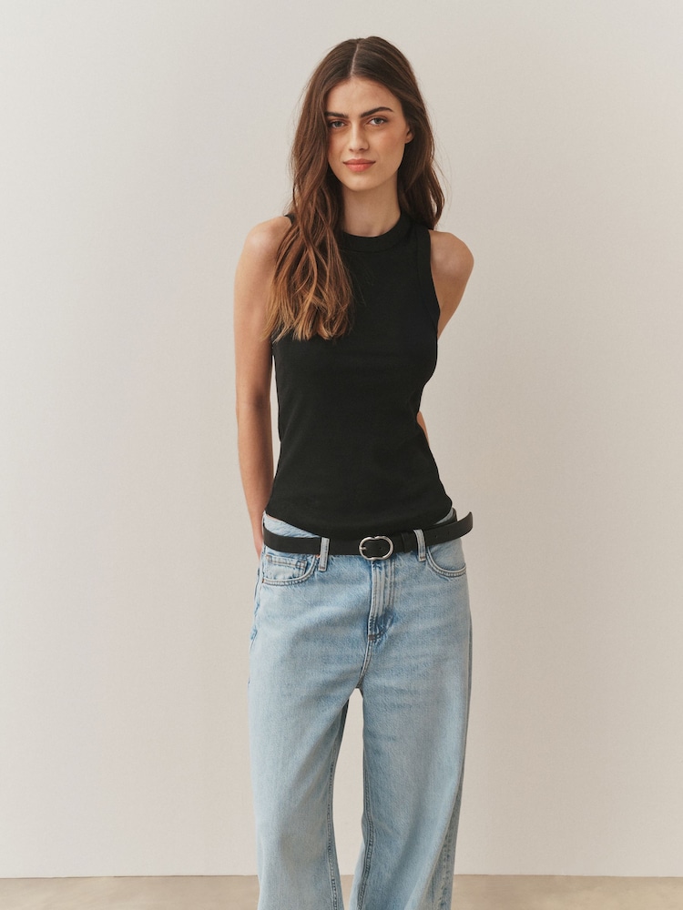 Black/White Ribbed Racer Tank Vest Sleeveless Top - Image 11 of 11