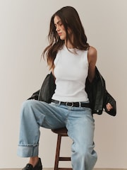 Black/White Ribbed Racer Tank Vest Sleeveless Top - Image 9 of 11