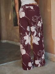 Burgundy/Cream Floral Wide Leg Trousers With Linen - Image 4 of 8