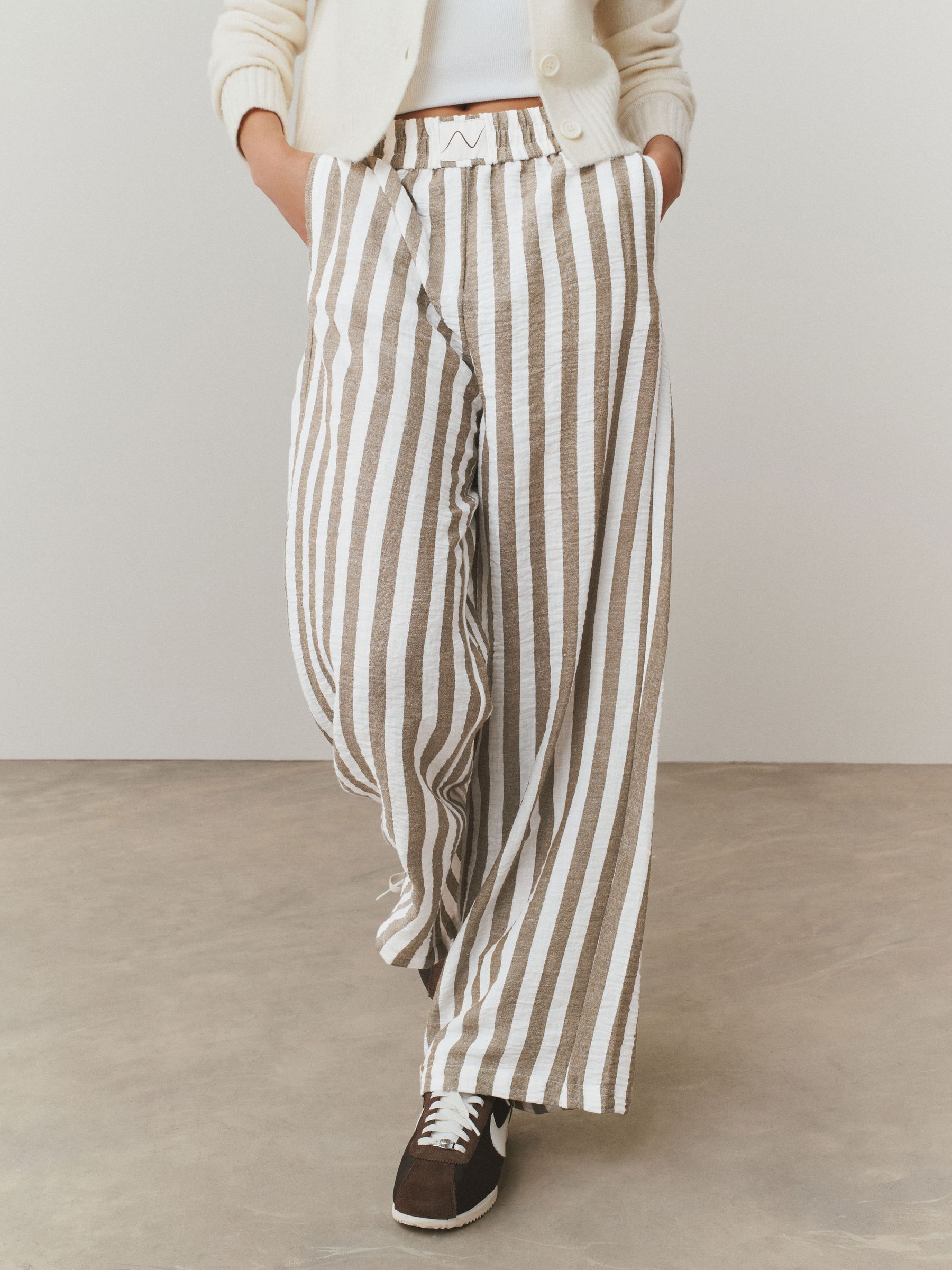 ＜INSCRIRE x BY＞STRIPE WIDE PANTS 25AW Buy Ecru/Brown Stripe Pull On Wide Leg Trousers with Linen from