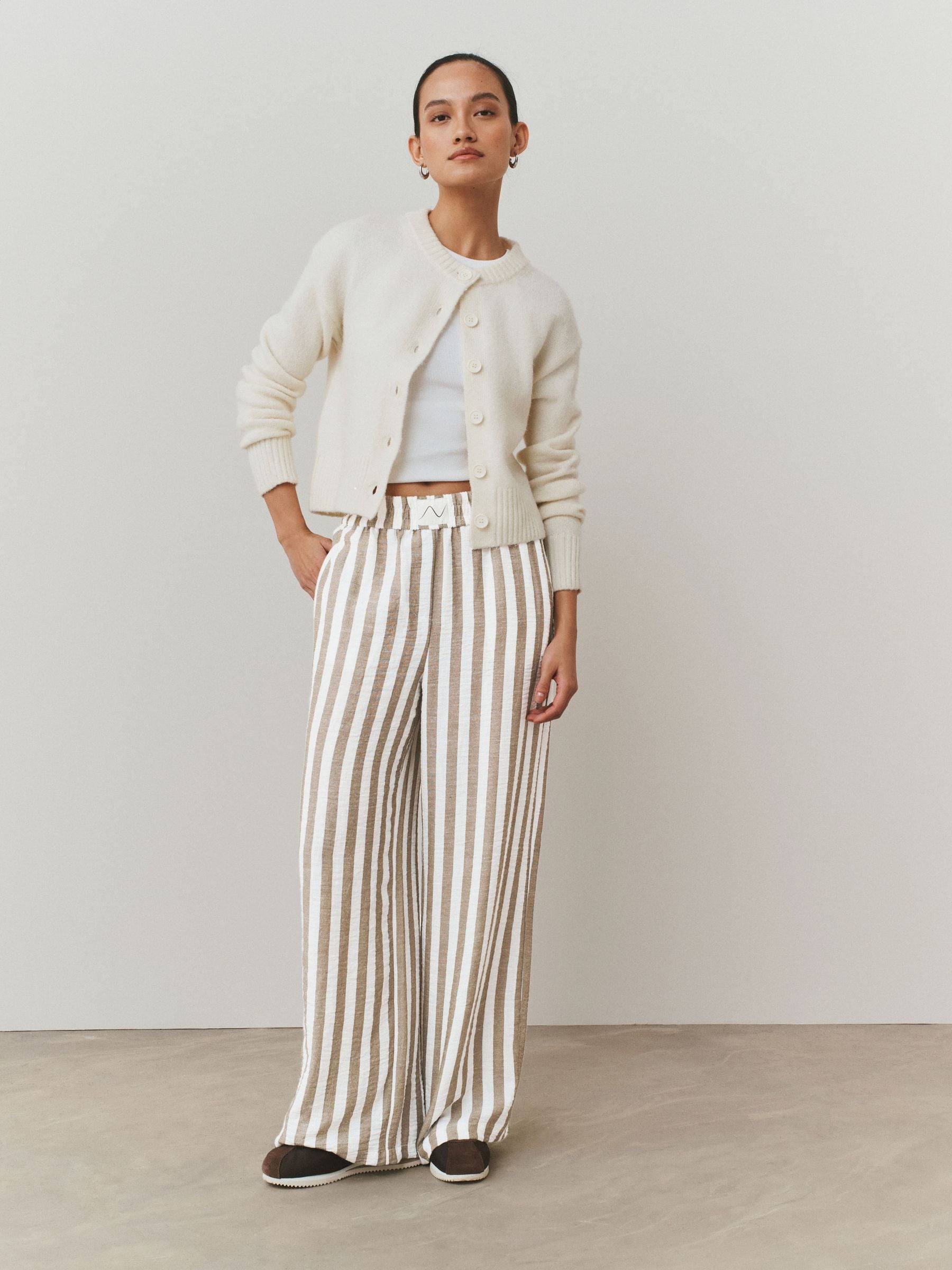 Buy Ecru/Brown Stripe Pull On Wide Leg Trousers with Linen from