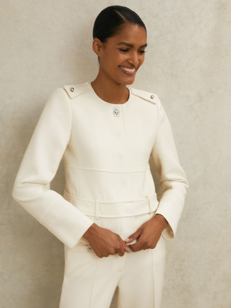 Reiss White Athena Atelier Wool Collarless Belted Jacket - Image 1 of 6 Reiss White Athena Atelier Wool Collarless Belted Jacket - Image 1 of 6