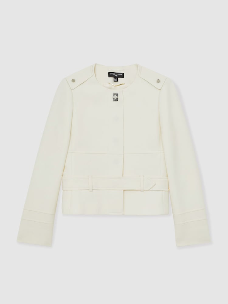 Reiss White Athena Atelier Wool Collarless Belted Jacket - Image 2 of 6 Reiss White Athena Atelier Wool Collarless Belted Jacket - Image 2 of 6