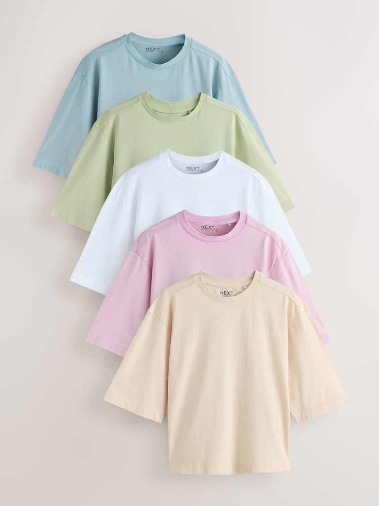 粉紅色/藍色/綠色/黃色/白色 - Relaxed Boxy Elbow Length Crew Neck T-Shirt 3 Pack - 圖片 1/12