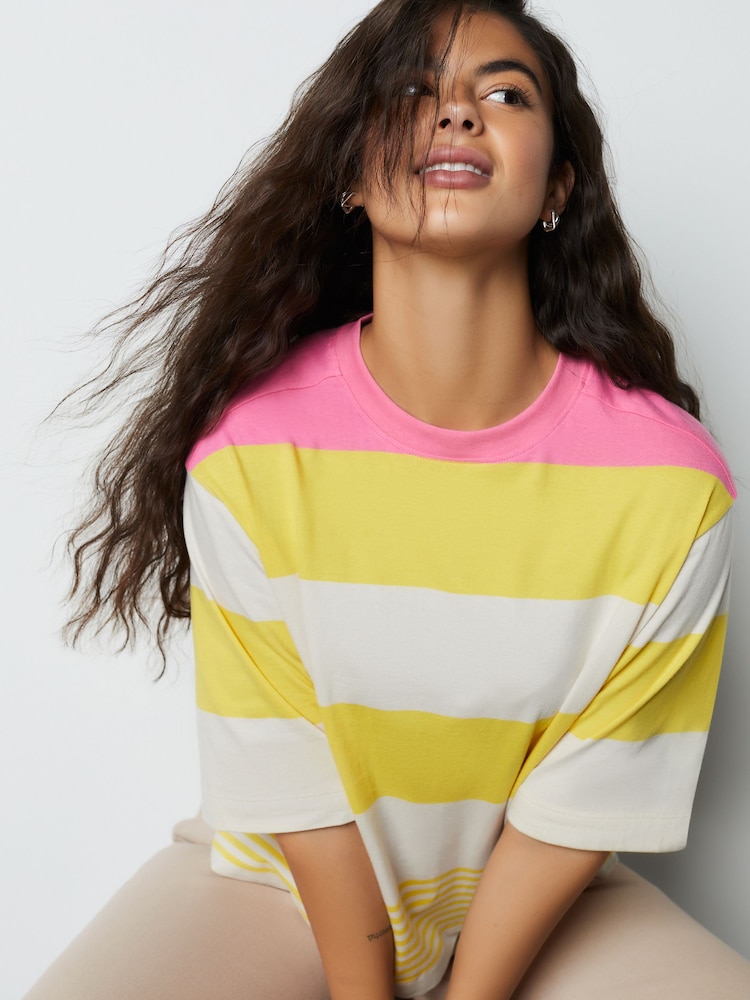 Yellow/Pink Stripe Relaxed Boxy Elbow Length Crew Neck T-Shirt - Image 1 of 7