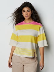Yellow/Pink Stripe Relaxed Boxy Elbow Length Crew Neck T-Shirt - Image 2 of 7