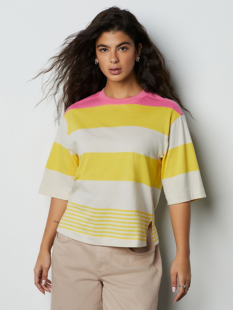 Yellow/Pink Stripe Relaxed Boxy Elbow Length Crew Neck T-Shirt - Image 2 of 7
