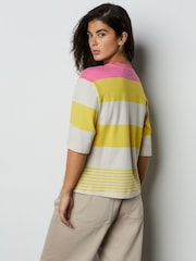 Yellow/Pink Stripe Relaxed Boxy Elbow Length Crew Neck T-Shirt - Image 3 of 7
