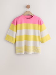 Yellow/Pink Stripe Relaxed Boxy Elbow Length Crew Neck T-Shirt - Image 5 of 7