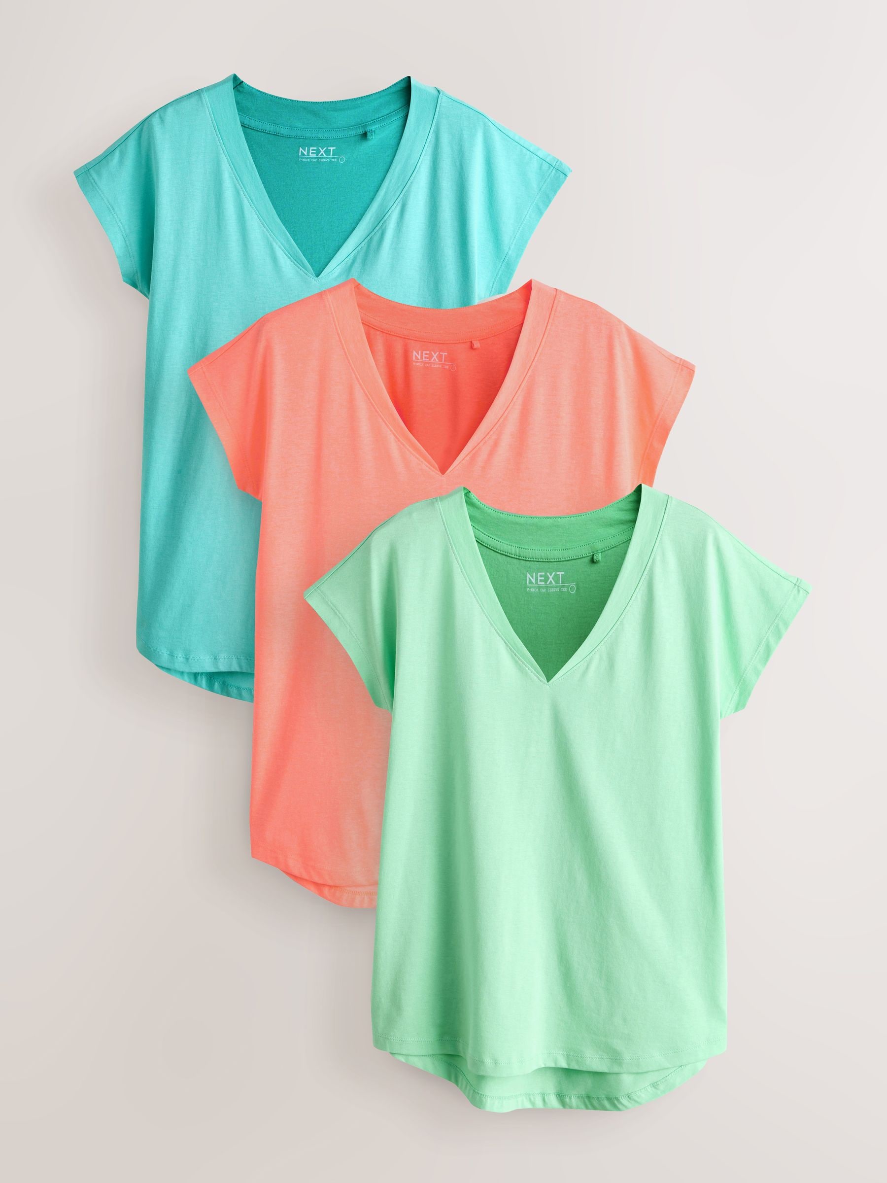 Buy Bright Green/Coral 3 Pack V-Neck Cap Sleeve T-Shirts from Next USA