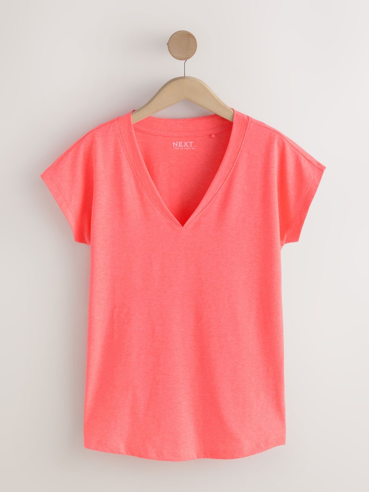 Bright Pink V-Neck Cap Sleeve T-Shirt - Image 1 of 3 Bright Pink V-Neck Cap Sleeve T-Shirt - Image 1 of 3