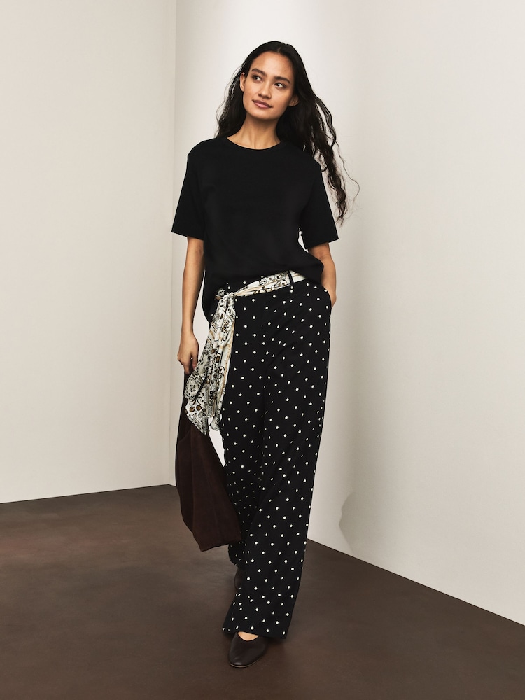 Black/Ecru Spot Scarf Belt Wide Leg Trousers - Image 1 of 10 Black/Ecru Spot Scarf Belt Wide Leg Trousers - Image 1 of 10