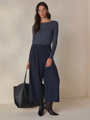 Mornarica - Hlačno krilo z vzorcem ribje kosti in volno N. Premium - Slika 5 iz 12