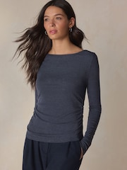 Mornarica - Hlačno krilo z vzorcem ribje kosti in volno N. Premium - Slika 6 iz 12