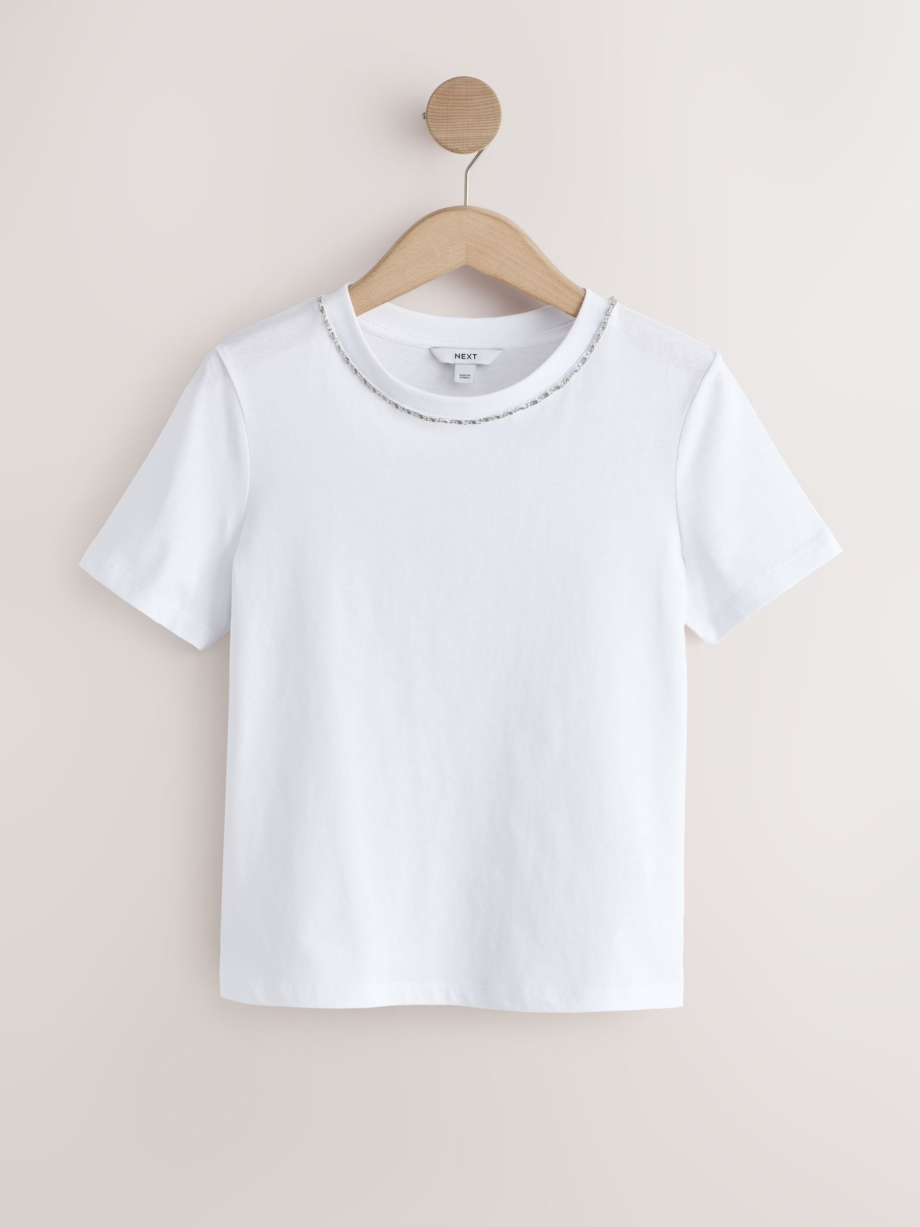 Buy White Embellished Neck Chain Short Sleeve Crew Neck T-Shirt