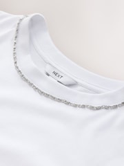 White Embellished Neck Chain Short Sleeve Crew Neck T-Shirt - Image 6 of 7