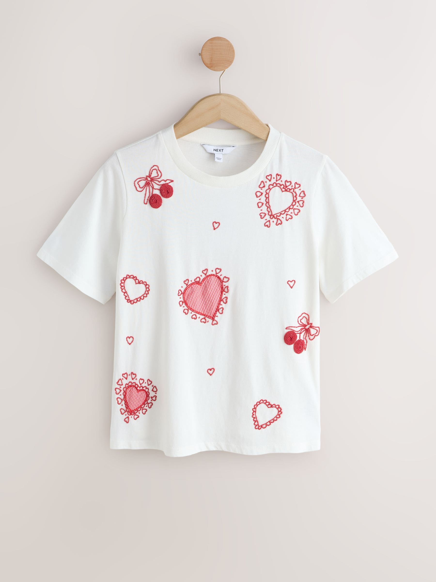 Buy White Embellished Heart Short Sleeve Crew Neck T-Shirt from