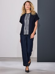 Navy/Ecru Stripe Short Sleeve Keyhole Crew Neck Top - Image 2 of 8