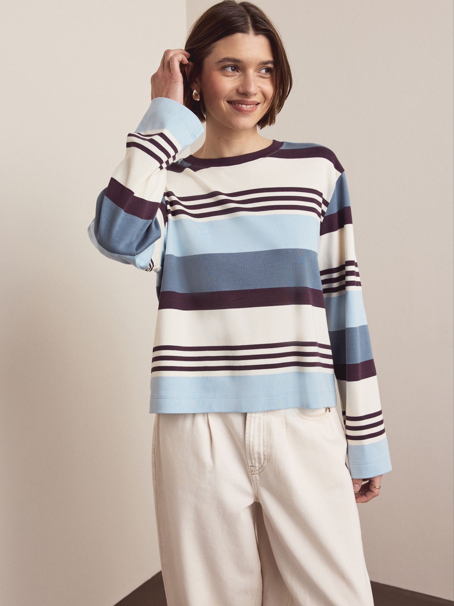 Buy Brown/Blue/Ecru Stripe Interlock Long Sleeve Crew Neck T-Shirt
