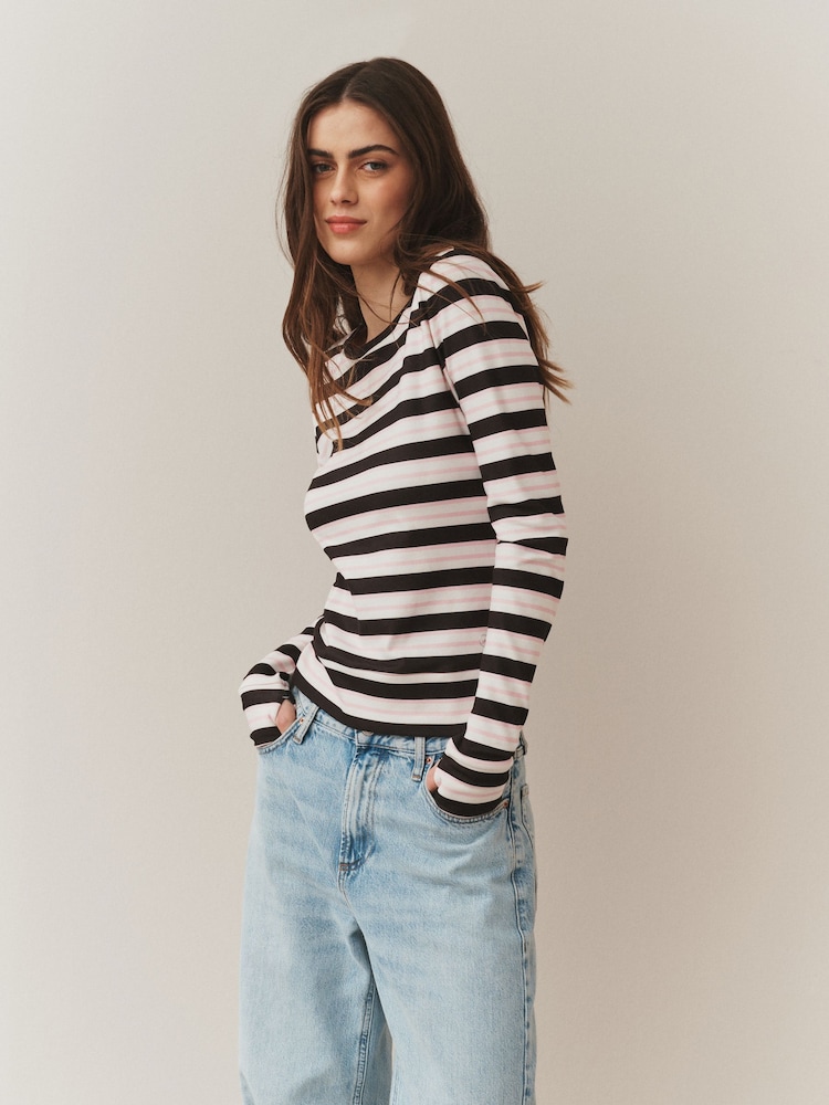 Ecru/Pink/Chocolate Brown Stripe - Thermal Soft Touch Long Sleeve Crew Neck Top - Imagen 1 de 10