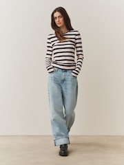 Ecru/Pink/Chocolate Brown Stripe - Thermal Soft Touch Long Sleeve Crew Neck Top - Imagen 2 de 10