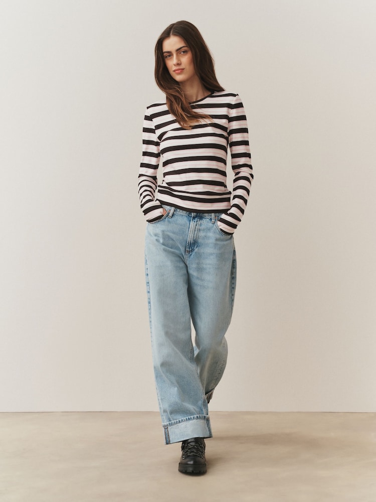 Ecru/Pink/Chocolate Brown Stripe - Thermal Soft Touch Long Sleeve Crew Neck Top - Imagen 2 de 10