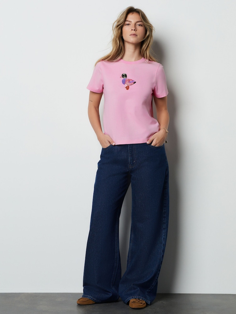 Pink Embellished Duck Short Sleeve Crew Neck Top - Image 2 of 7 Pink Embellished Duck Short Sleeve Crew Neck Top - Image 2 of 7