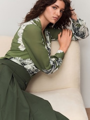 Green Floral Long Sleeve V-Neck Blouse - Image 3 of 8