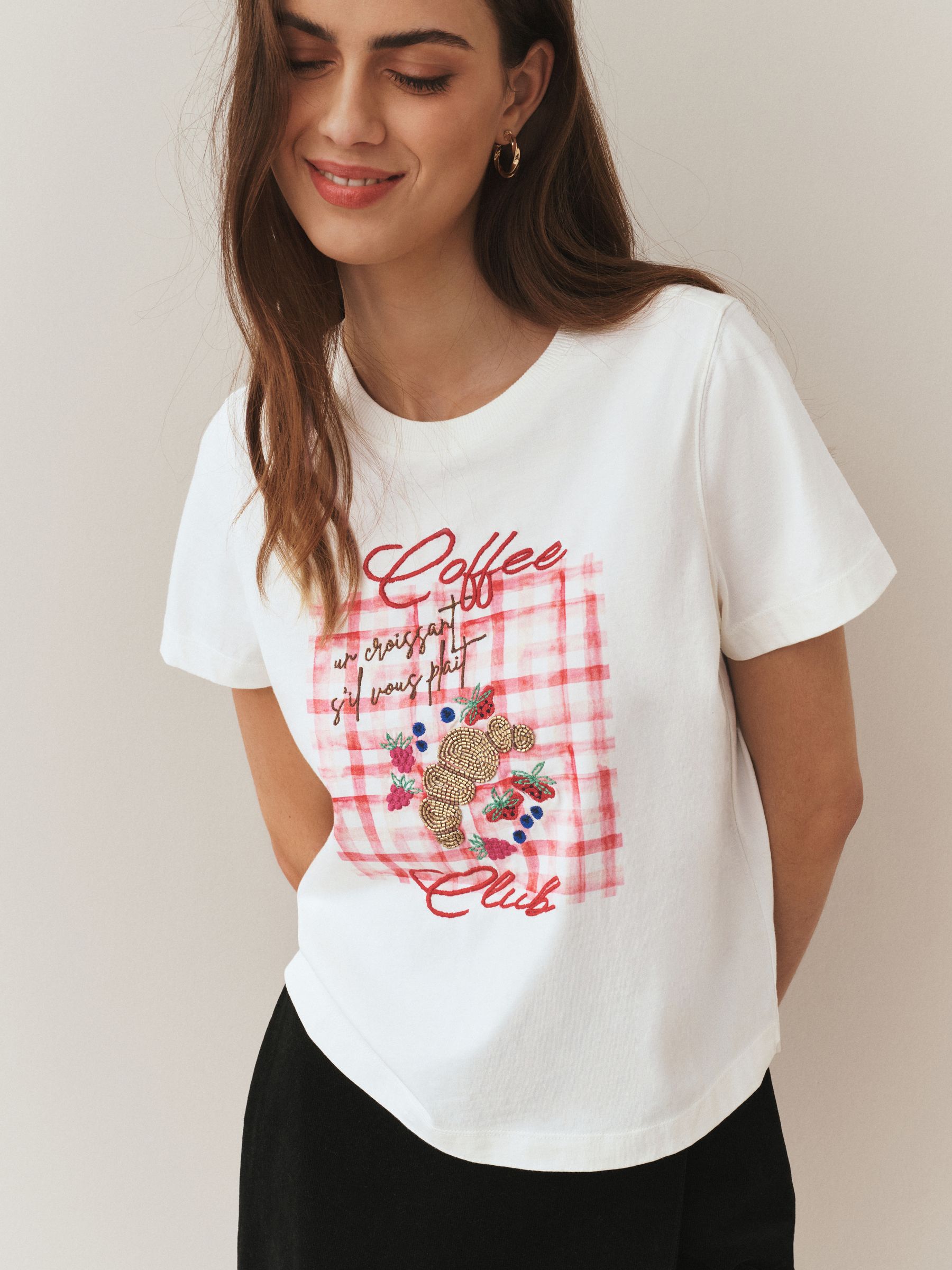 Buy Ecru Embellished Croissant Graphic Short Sleeve Crew Neck T Buy Ecru Embellished Croissant Graphic Short Sleeve Crew Neck T