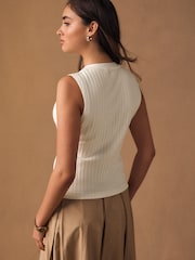 Ecru Ribbed Button Through Sleeveless Top - Image 3 of 7
