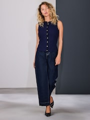 Navy Ribbed Button Through Sleeveless Top - Image 2 of 8