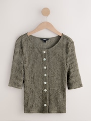 卡其绿色 - 纹理纽扣贯穿半袖上衣 - 图片4 / 6