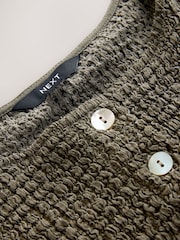 卡其绿色 - 纹理纽扣贯穿半袖上衣 - 图片5 / 6