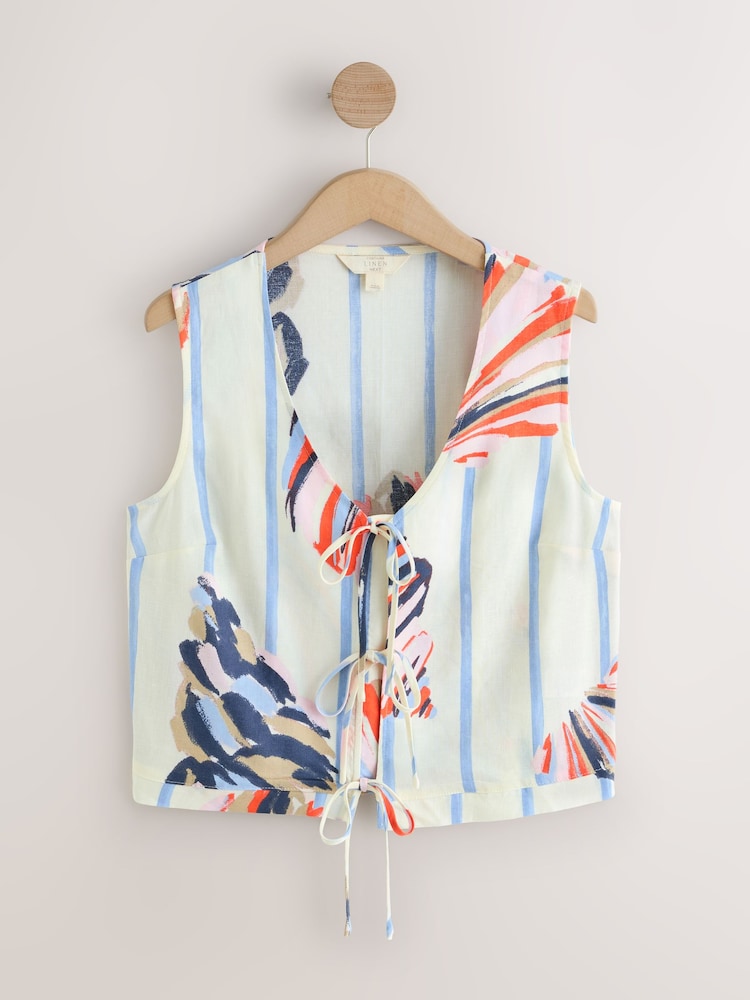 Blue/Ecru Tie Front Top With Linen - Image 1 of 3 Blue/Ecru Tie Front Top With Linen - Image 1 of 3