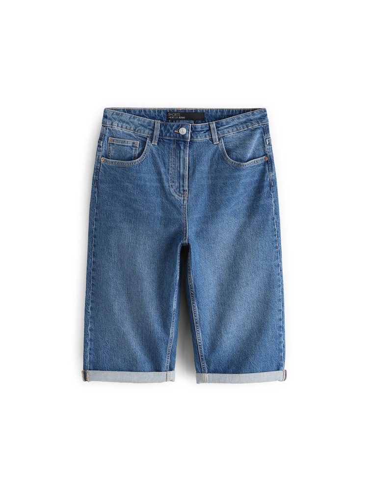 Mid Blue Denim Wash Knee Length Shorts - Image 1 of 1 Mid Blue Denim Wash Knee Length Shorts - Image 1 of 1